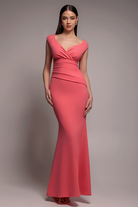 Goddiva Bardot Pleated Maxi Dress - Coral
