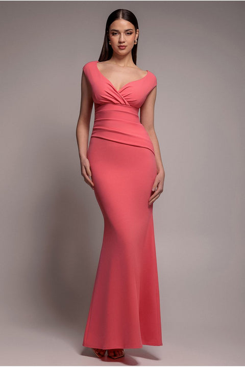 Goddiva Bardot Pleated Maxi Dress - Coral