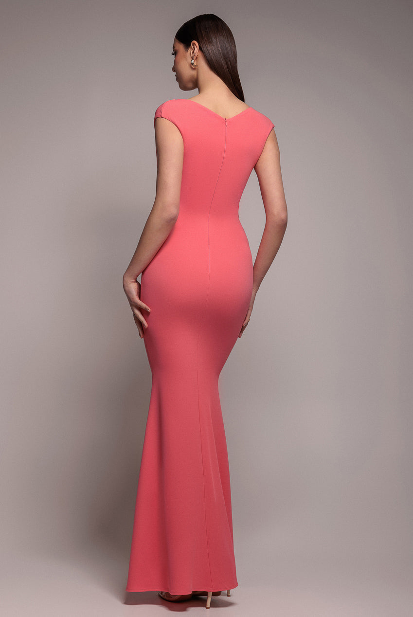 Goddiva Bardot Pleated Maxi Dress - Coral