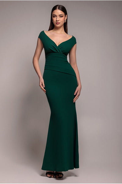 EmeraldGreen - Goddiva Bardot Pleated Maxi Dress - EmeraldGreen
