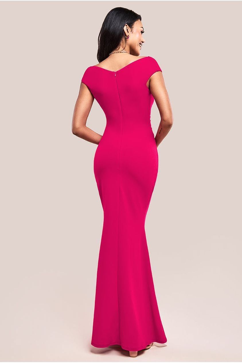 Goddiva Bardot Pleated Maxi Dress - Hot Pink