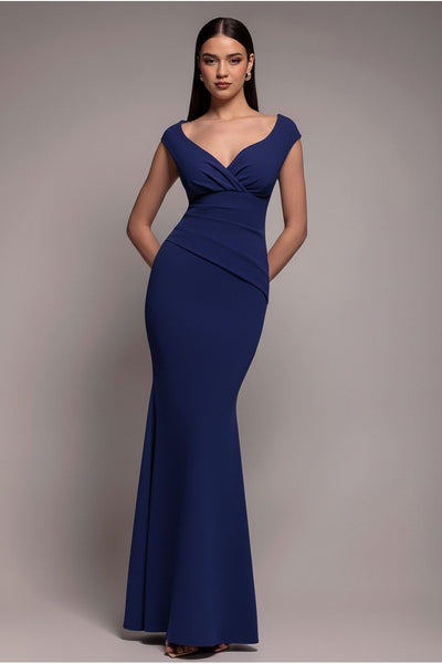 NavyBlue - Goddiva Bardot Pleated Maxi Dress - Navy Blue
