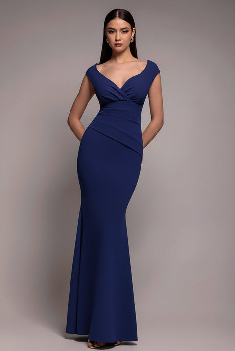 Goddiva Bardot Pleated Maxi Dress - Navy Blue