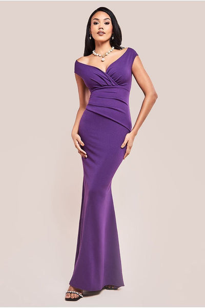 Purple - Goddiva Bardot Pleated Maxi Dress - Purple