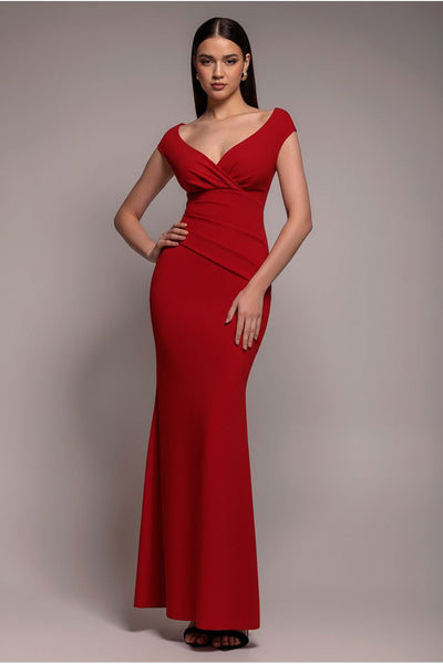 Red - Goddiva Bardot Pleated Maxi Dress - Red