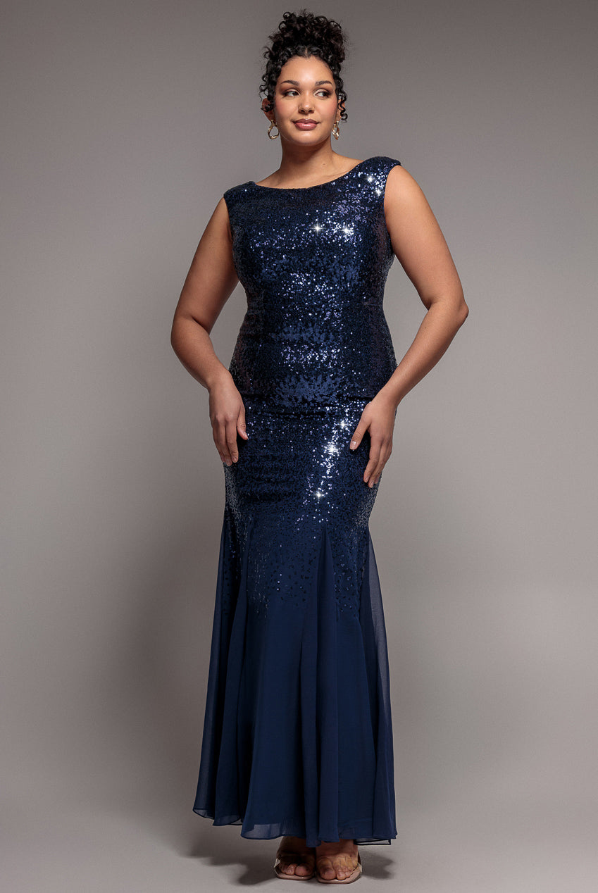 Goddiva Plus Chiffon & Sequin Embroidered Bardot Maxi Dress - Navy Blue