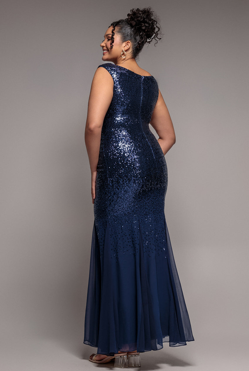 Goddiva Plus Chiffon & Sequin Embroidered Bardot Maxi Dress - Navy Blue