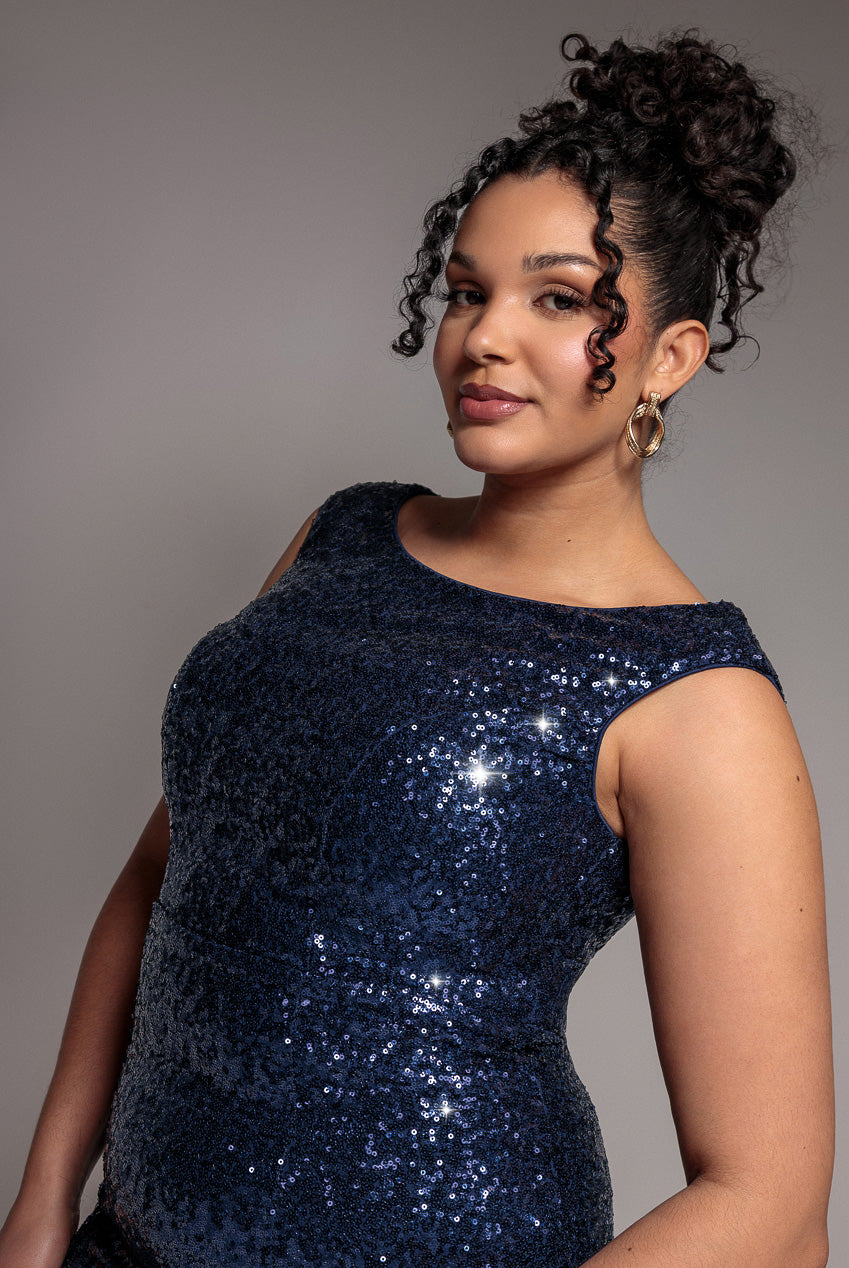 Goddiva Plus Chiffon & Sequin Embroidered Bardot Maxi Dress - Navy Blue