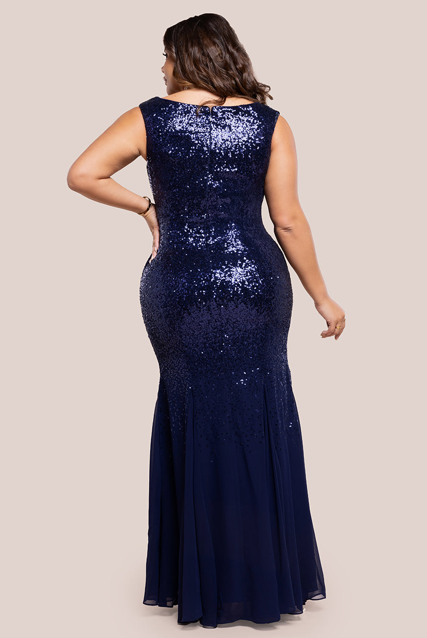 Goddiva Plus Chiffon & Sequin Embroidered Bardot Maxi Dress - Navy Blue