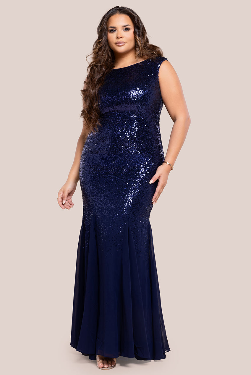 Goddiva Plus Chiffon & Sequin Embroidered Bardot Maxi Dress - Navy Blue