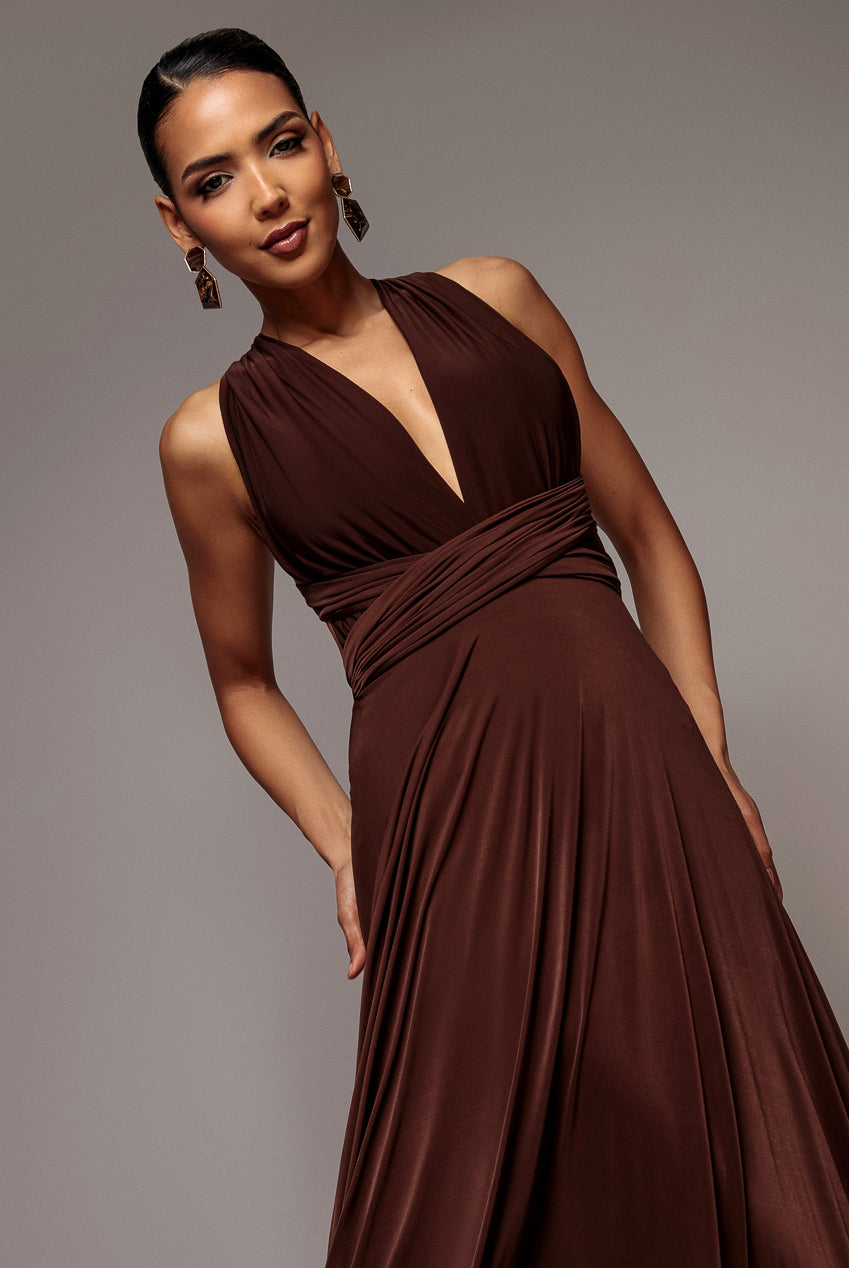 Goddiva Multiway Tie-Up Maxi Dress - Dark Brown