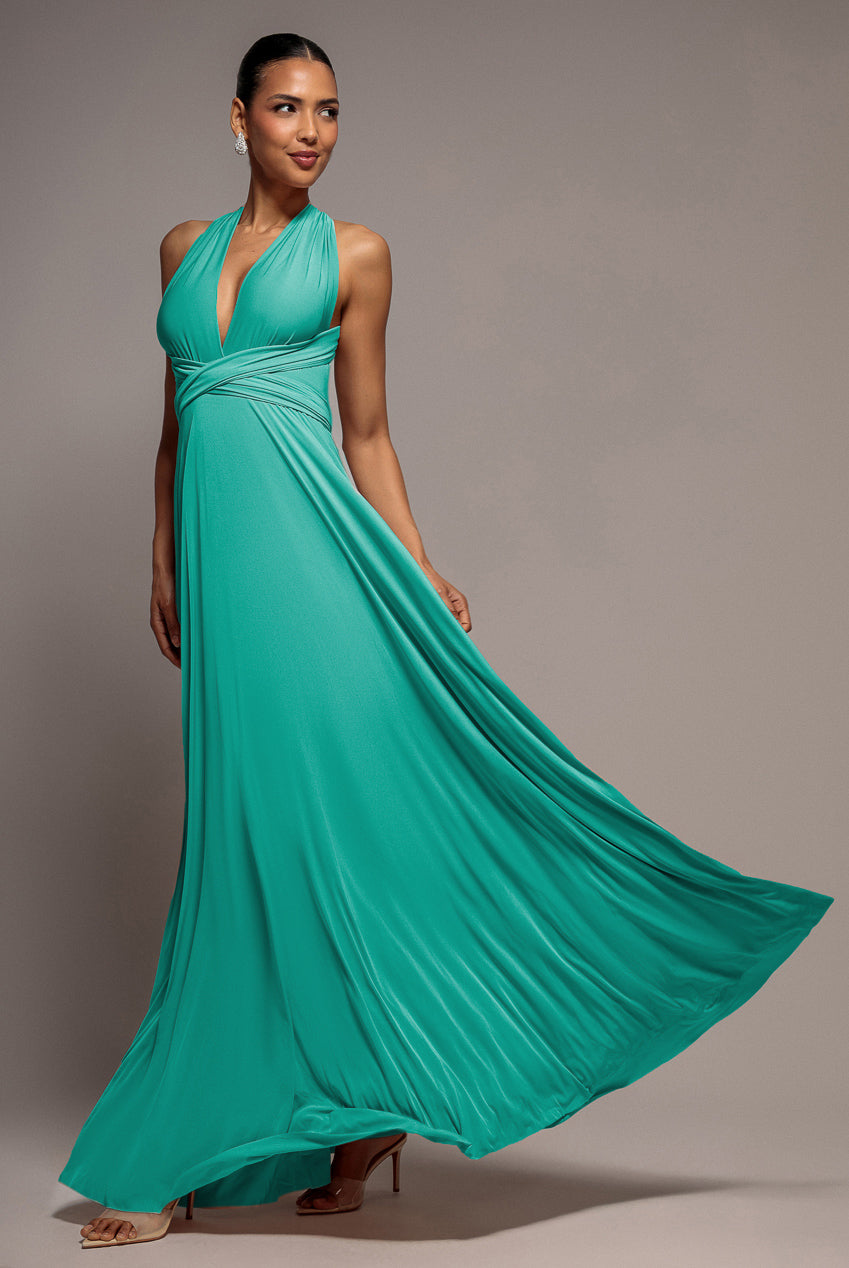 jade bridesmaid dresses Goddiva Multiway Tie-Up Maxi Dress _okendo:syndication_key:CL136081002 Size:US9 - IT39 Model Info Krista Black and Dark