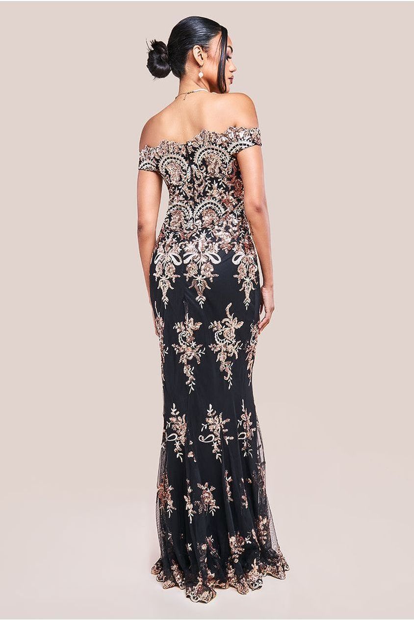 Goddiva Bardot Sequin Embroidered Maxi Dress - Champagne