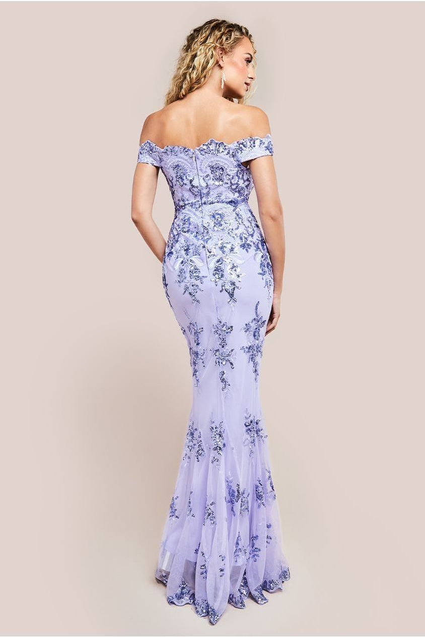 Goddiva Bardot Sequin Embroidered Maxi Dress - Lilac