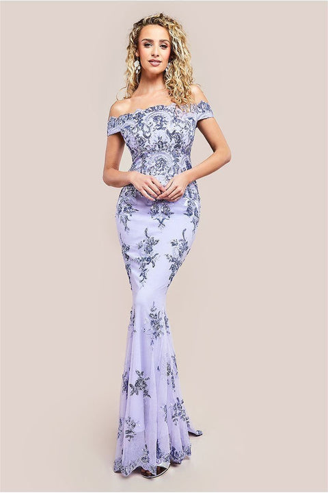 Goddiva Bardot Sequin Embroidered Maxi Dress - Lilac