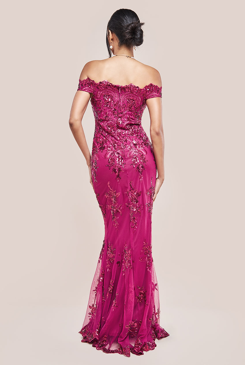 Goddiva Bardot Sequin Embroidered Maxi Dress - Magenta