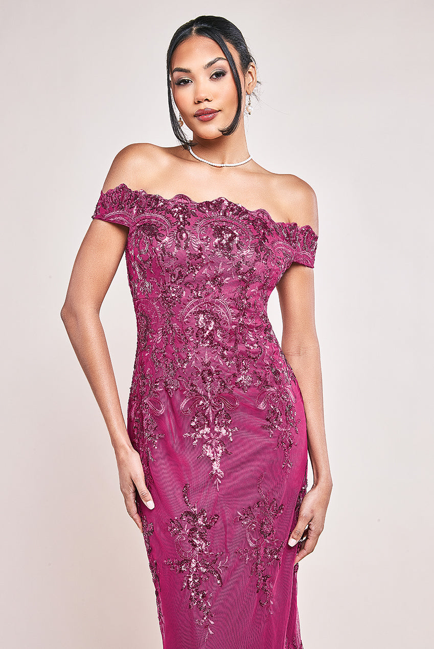 Goddiva Bardot Sequin Embroidered Maxi Dress - Magenta