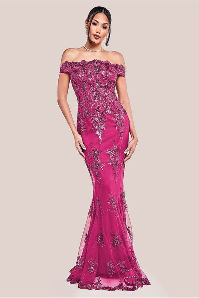 Magenta - Goddiva Bardot Sequin Embroidered Maxi Dress - Magenta