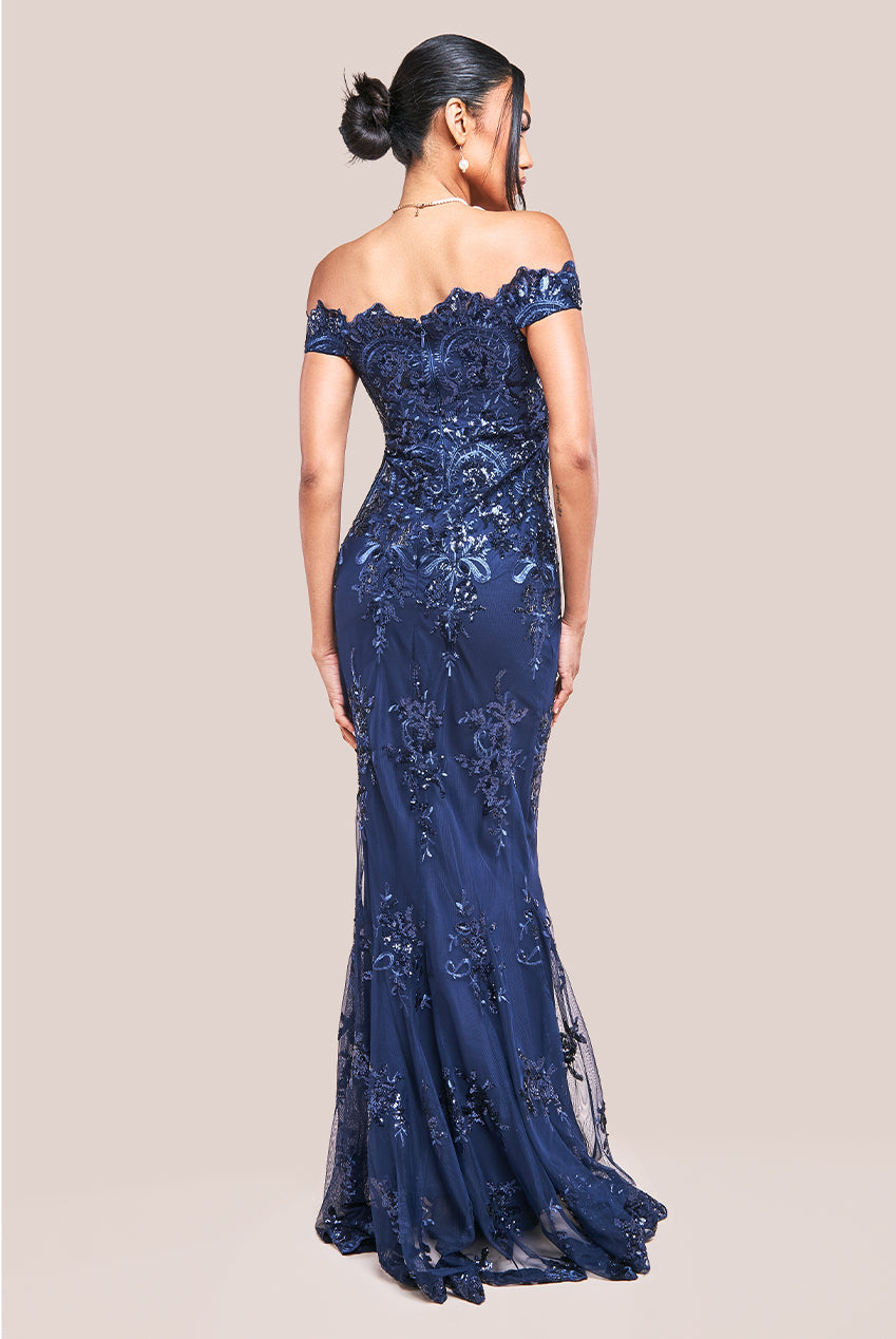 Goddiva Bardot Sequin Embroidered Maxi Dress - Navy