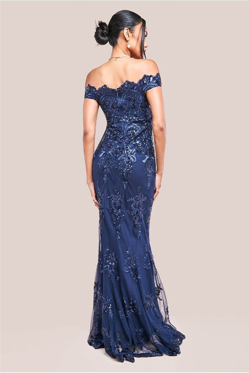 Goddiva Bardot Sequin Embroidered Maxi Dress - Navy