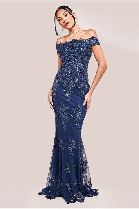 Goddiva Bardot Sequin Embroidered Maxi Dress - Navy