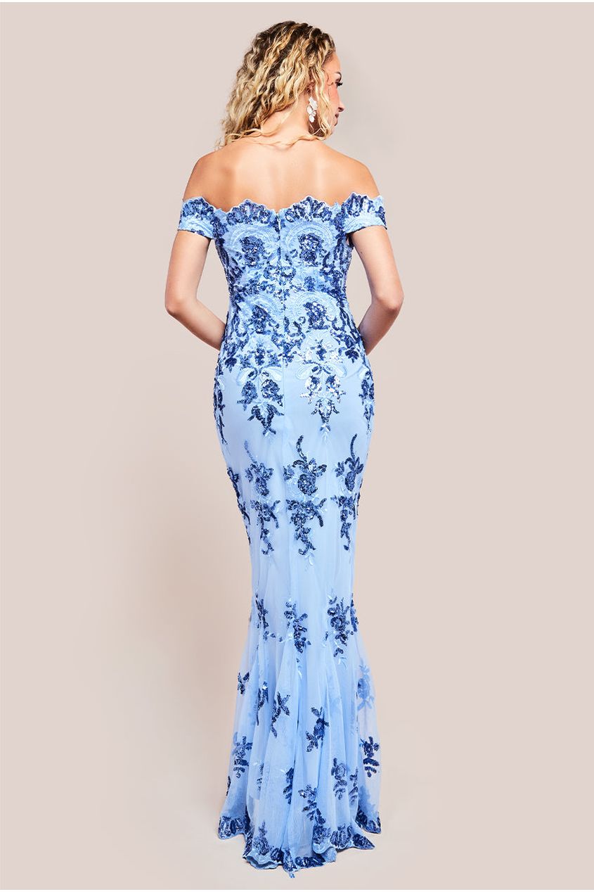 Goddiva Bardot Sequin Embroidered Maxi Dress - Powder Blue