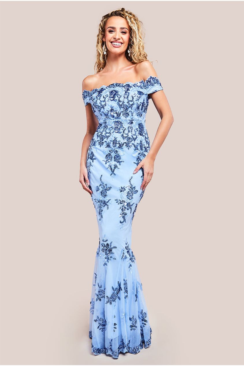 Goddiva Bardot Sequin Embroidered Maxi Dress - Powder Blue