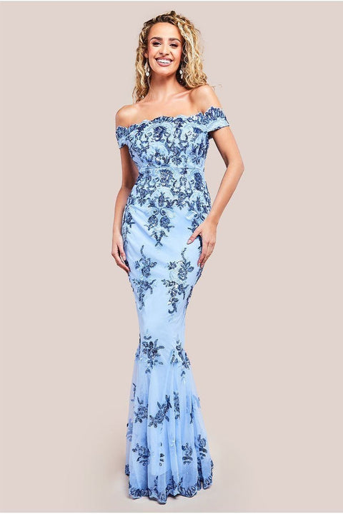 Goddiva Bardot Sequin Embroidered Maxi Dress - Powder Blue