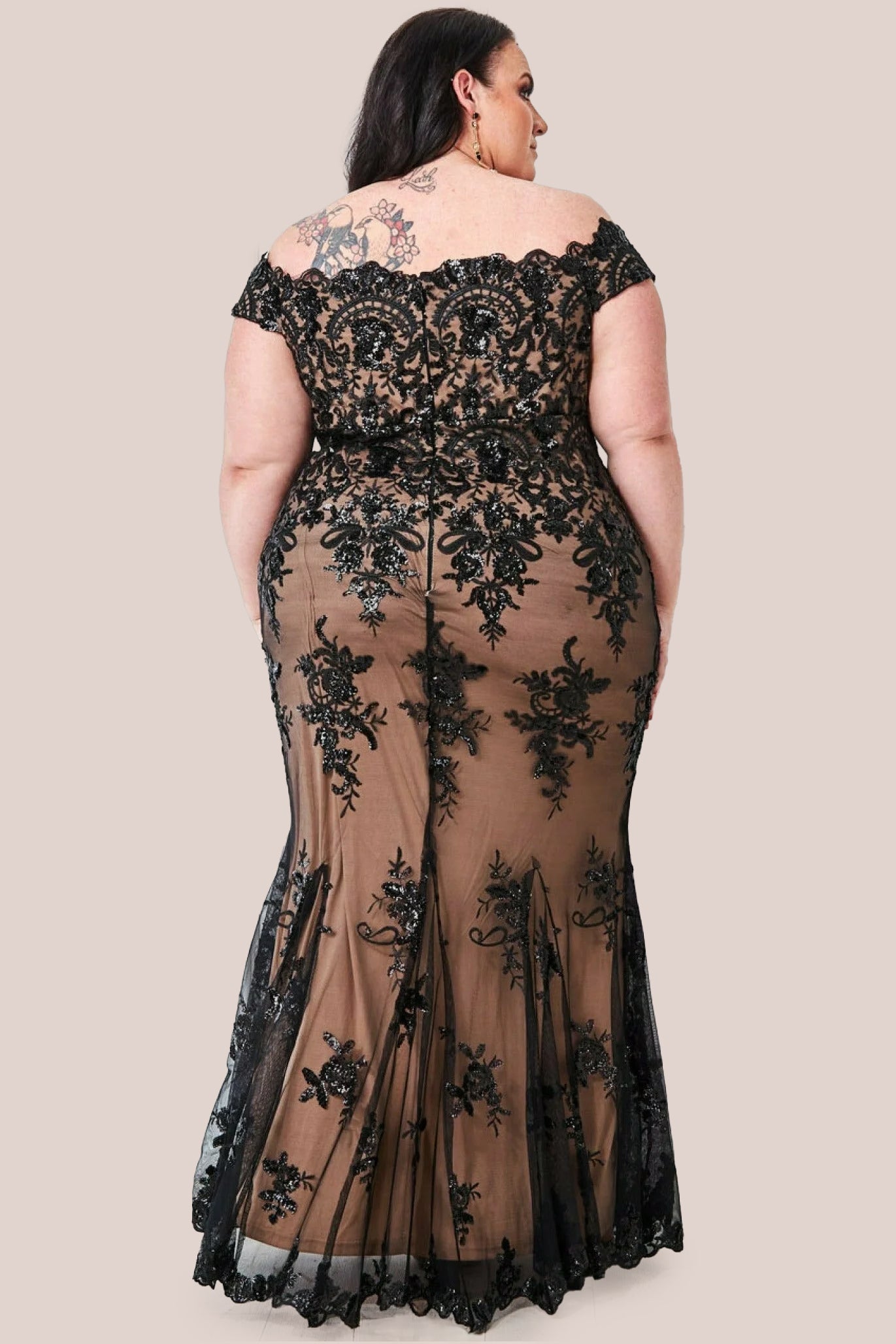 Goddiva Plus Bardot Sequin Embroidered Maxi - Black