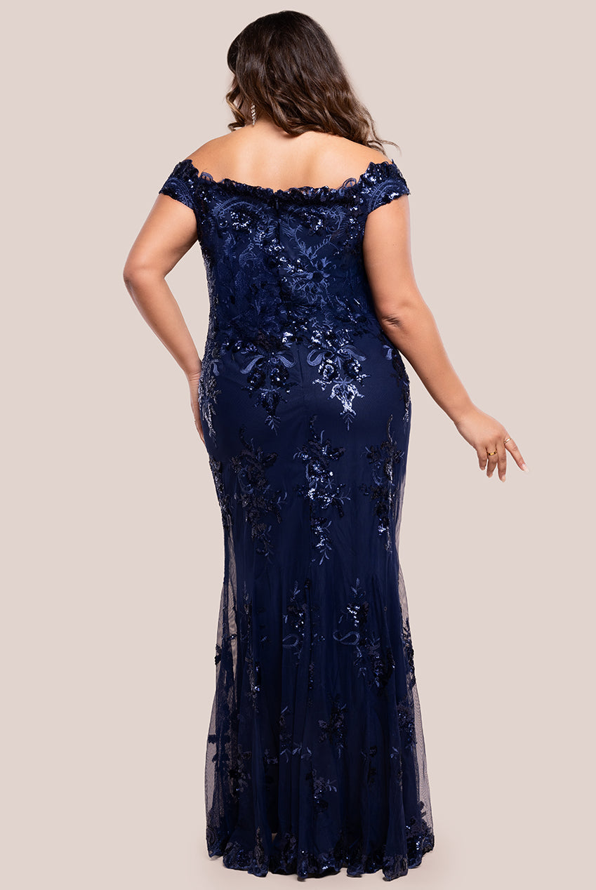 Goddiva Plus Bardot Sequin Embroidered Maxi Dress - Navy Blue