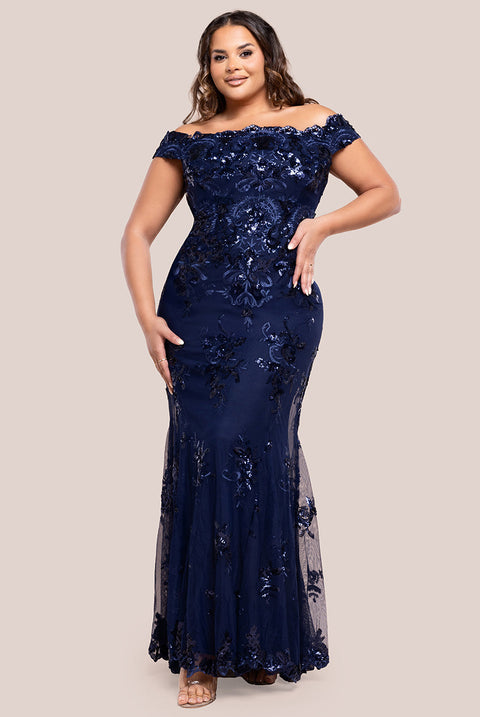 Goddiva Plus Bardot Sequin Embroidered Maxi Dress - Navy Blue