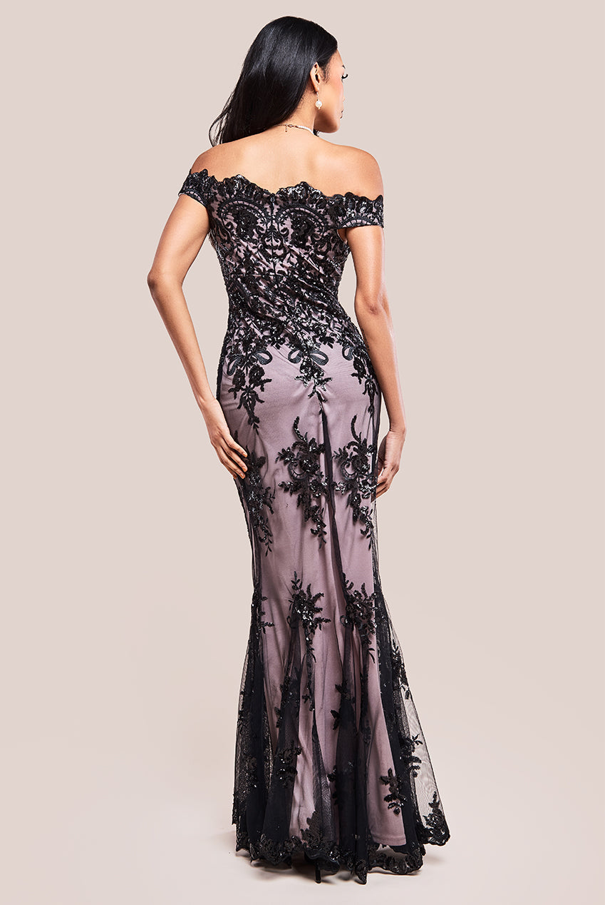 Goddiva Bardot Sequin Embroidered Maxi Dress - Black