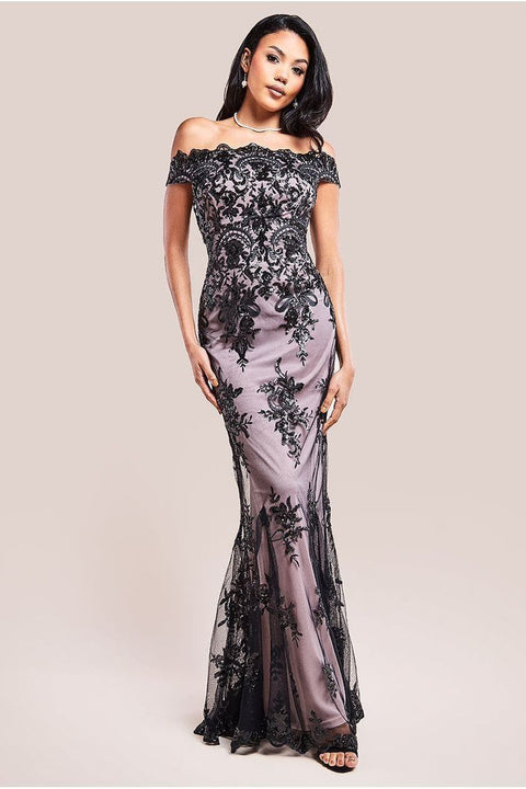 Goddiva Bardot Sequin Embroidered Maxi Dress - Black