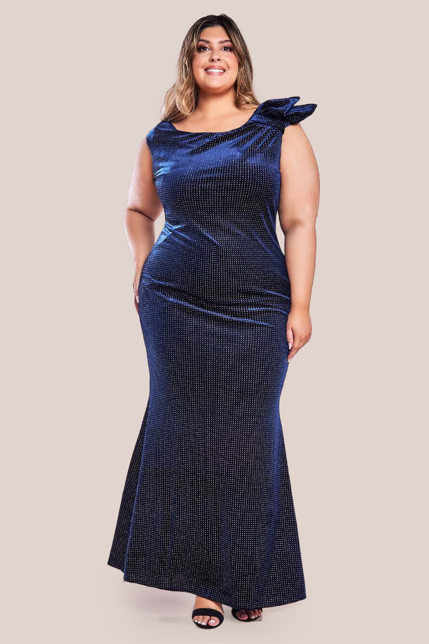 Goddiva Plus Glitter Velvet Maxi With Bow Detail - Navy