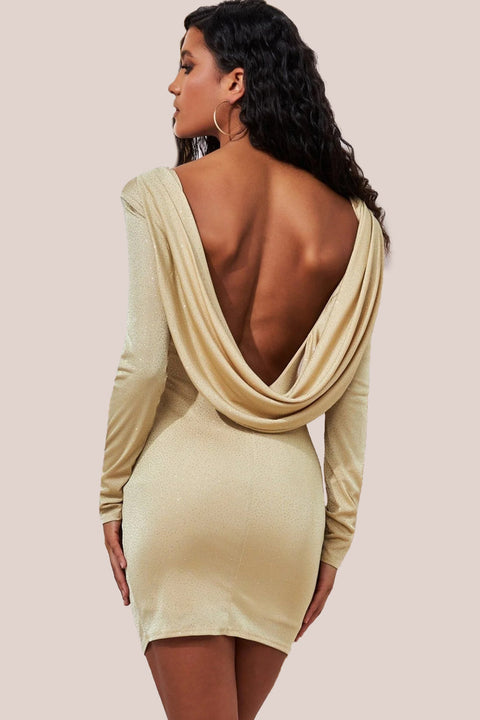 Goddiva Glitter Cowl Back Mini With Sleeves - Gold