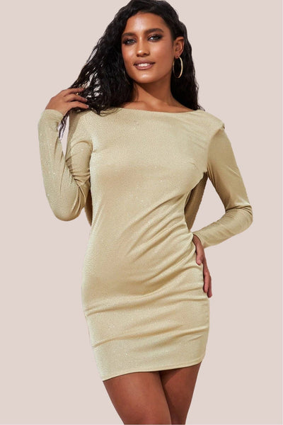 Gold - Goddiva Glitter Cowl Back Mini With Sleeves - Gold