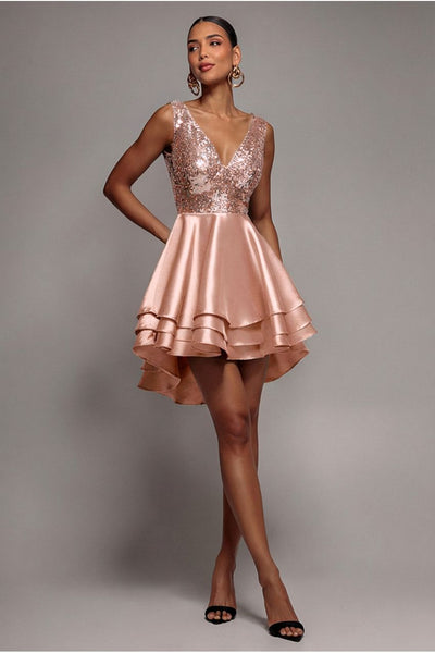 Champagne - Goddiva Multilayered Sequin And Satin Skater Mini -champagne