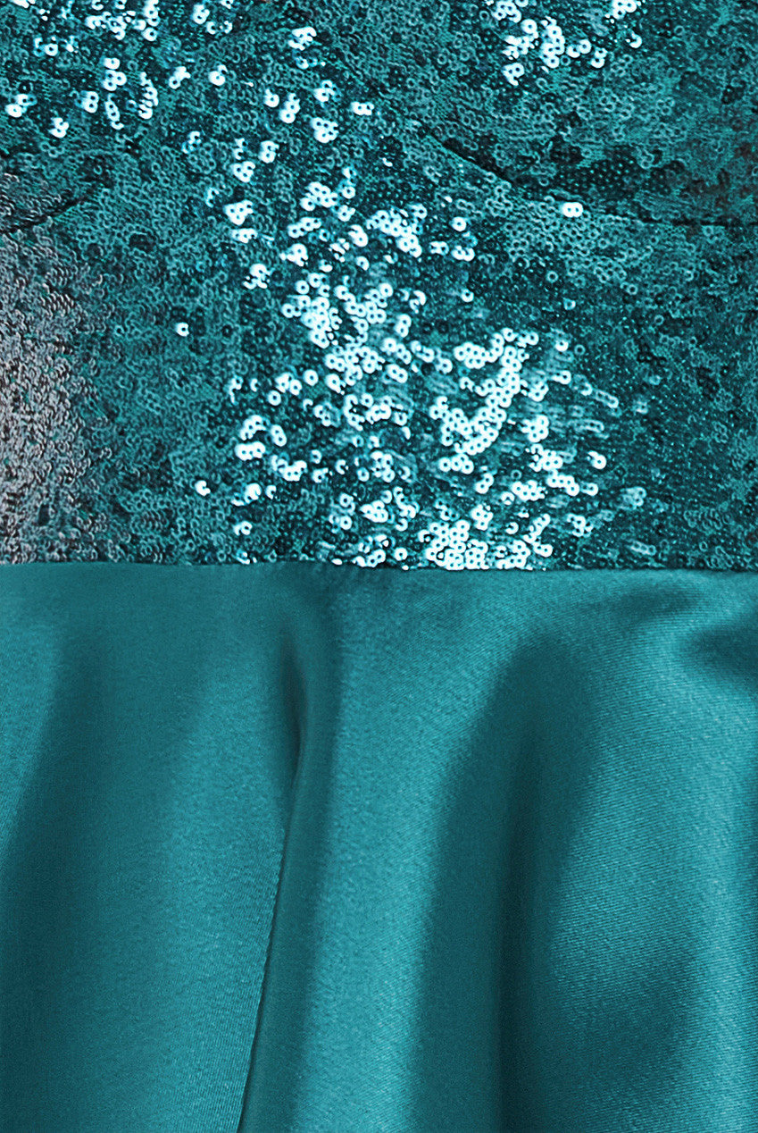 Goddiva Sequin And Satin Tiered Hi-Low Mini Skater Dress - Emerald Green
