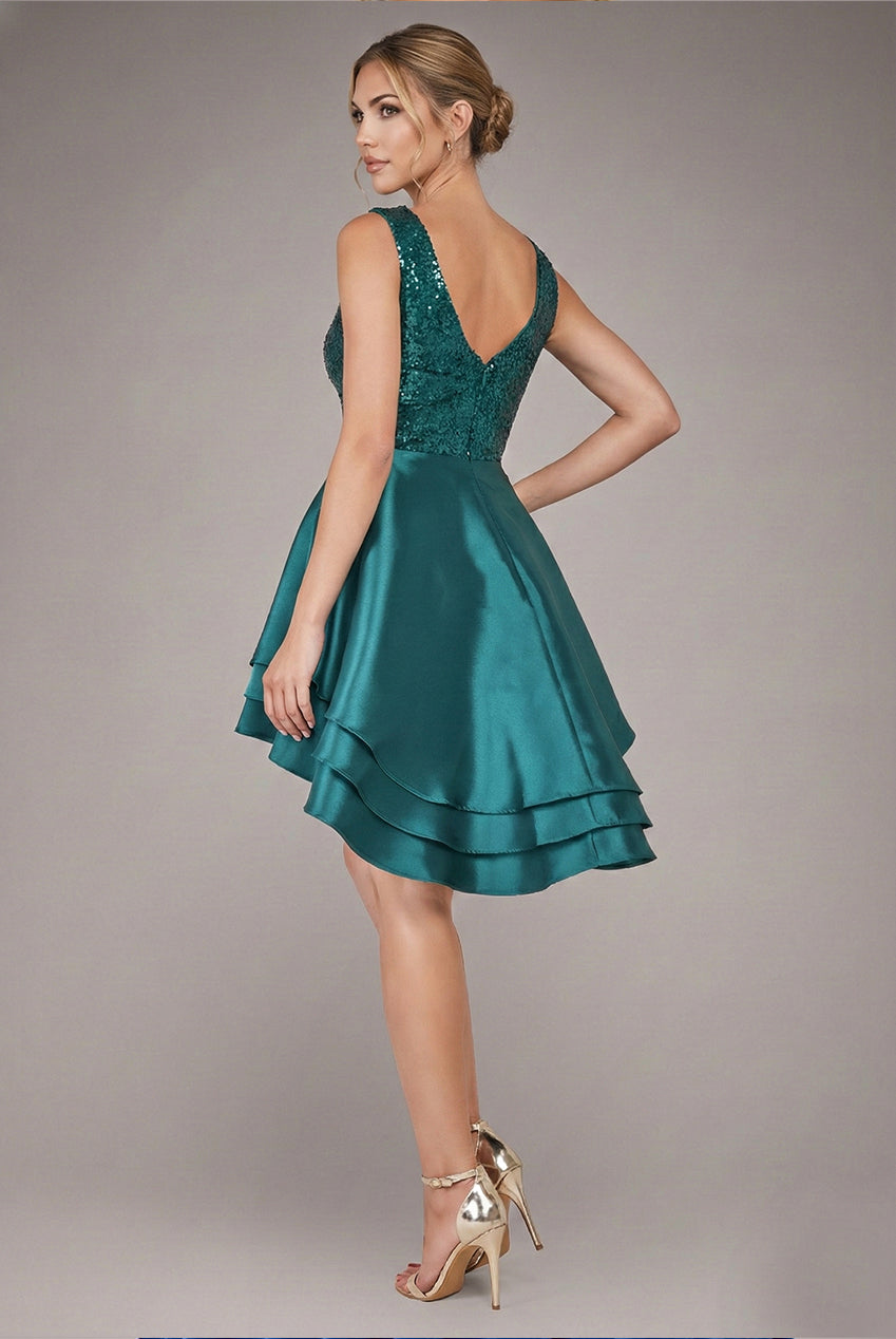 Goddiva Sequin And Satin Tiered Hi-Low Mini Skater Dress - Emerald Green
