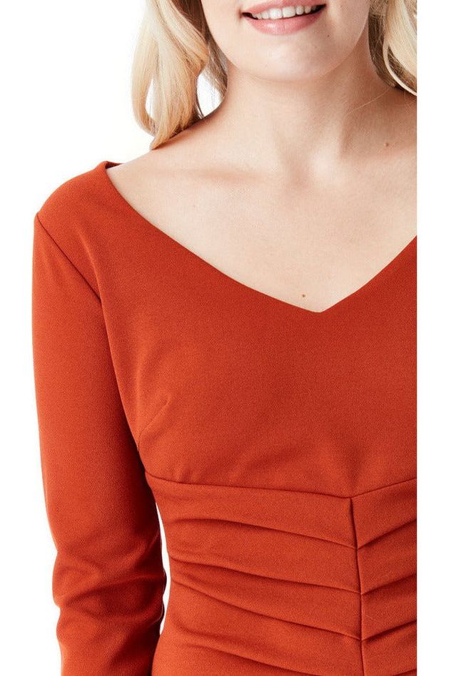 Goddiva V Neck Pleated Midi With Split Detail - Rust