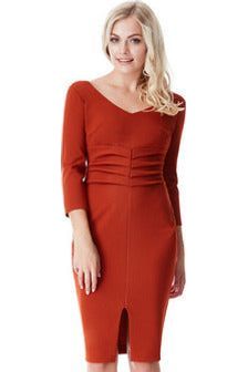 Goddiva V Neck Pleated Midi With Split Detail - Rust
