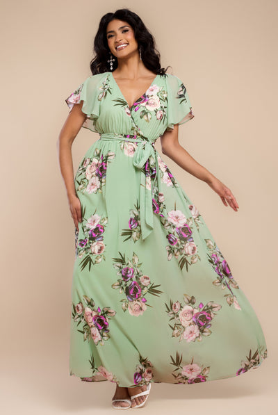 Duckegg - Goddiva Sustainable Printed Flutter Sleeve Maxi Dress - Duck Egg