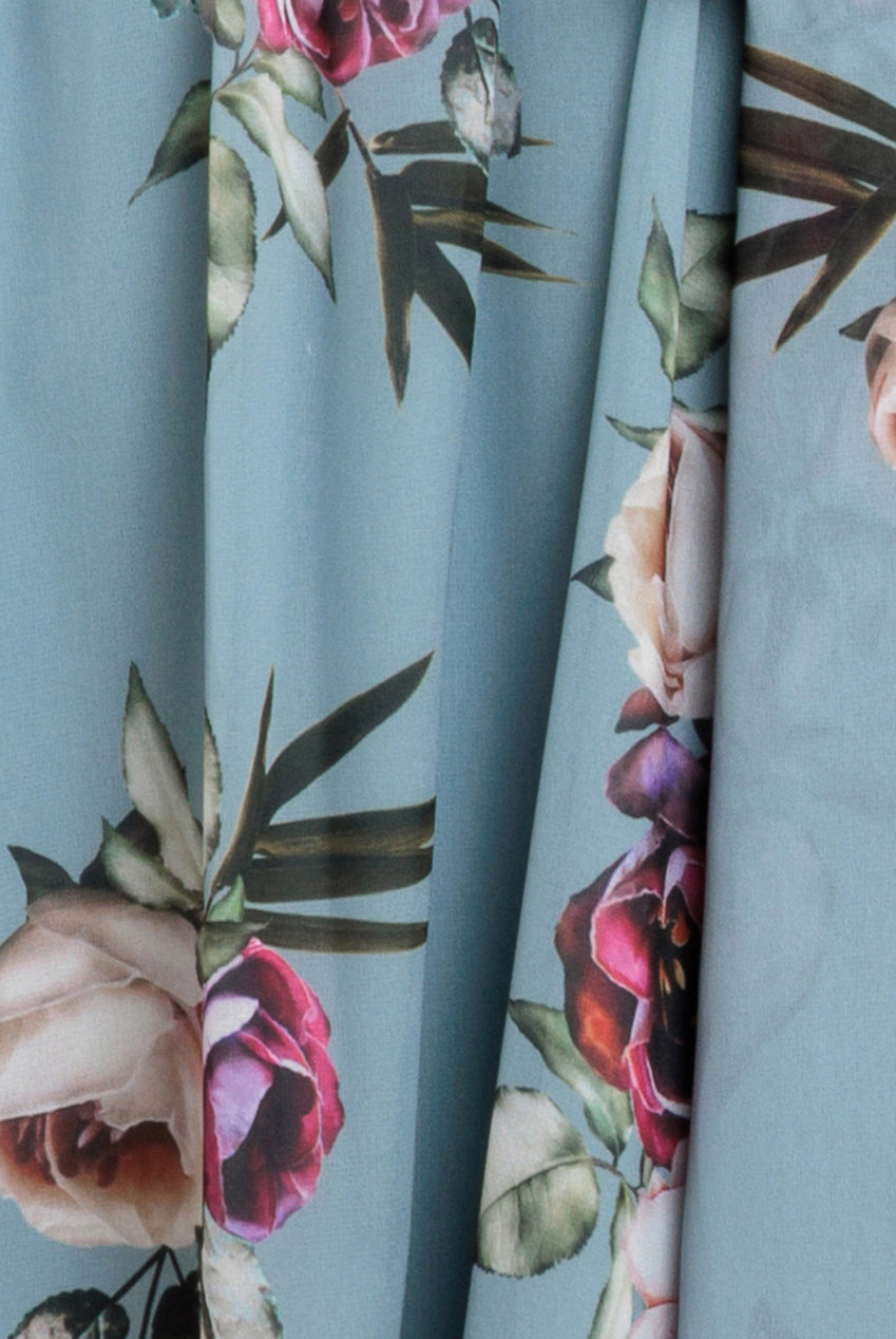 Goddiva Sustainable Floral Print Midi Wrap Dress With Flutter Sleeves - Airforce Blue