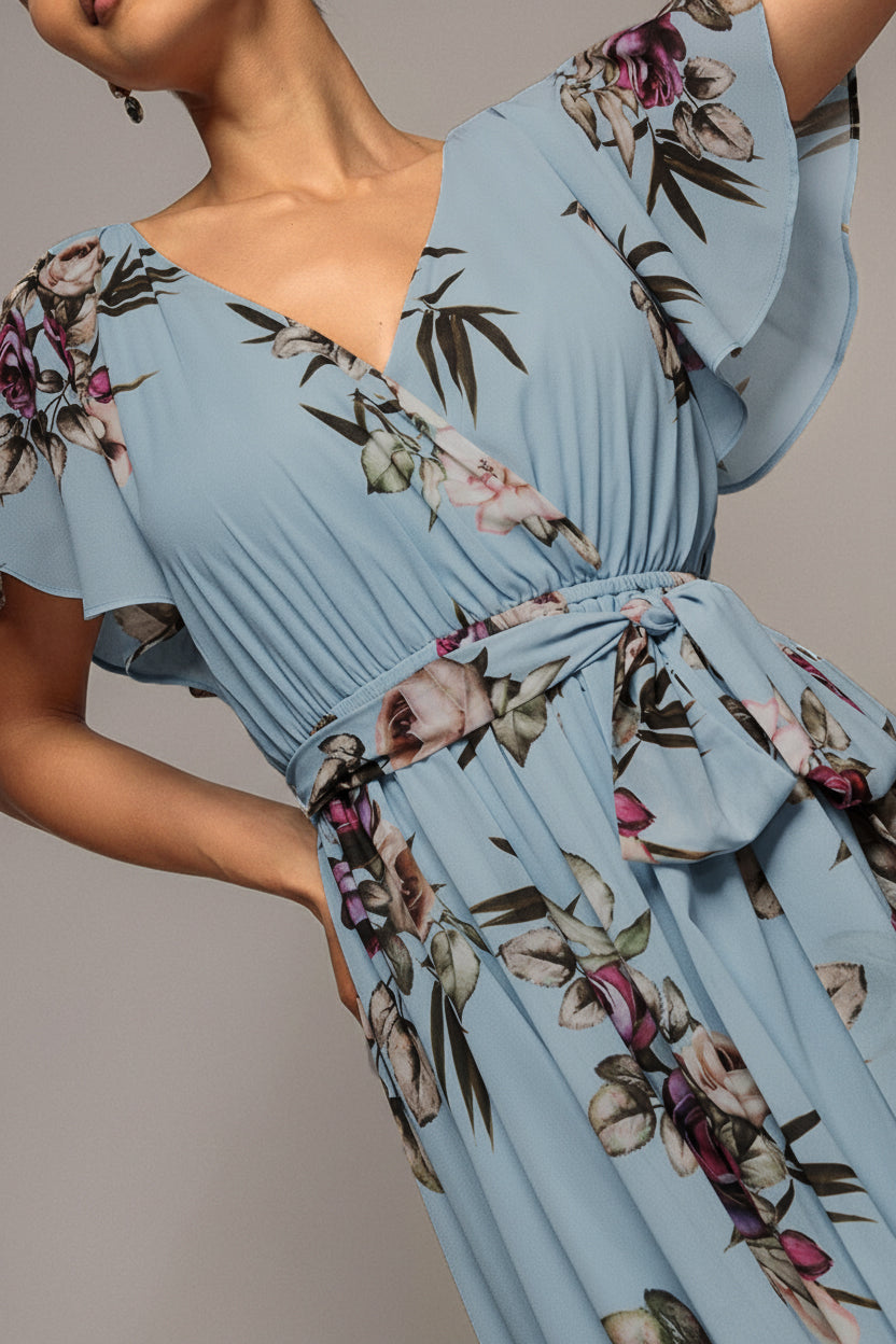 Goddiva Sustainable Floral Print Midi Wrap Dress With Flutter Sleeves - Airforce Blue