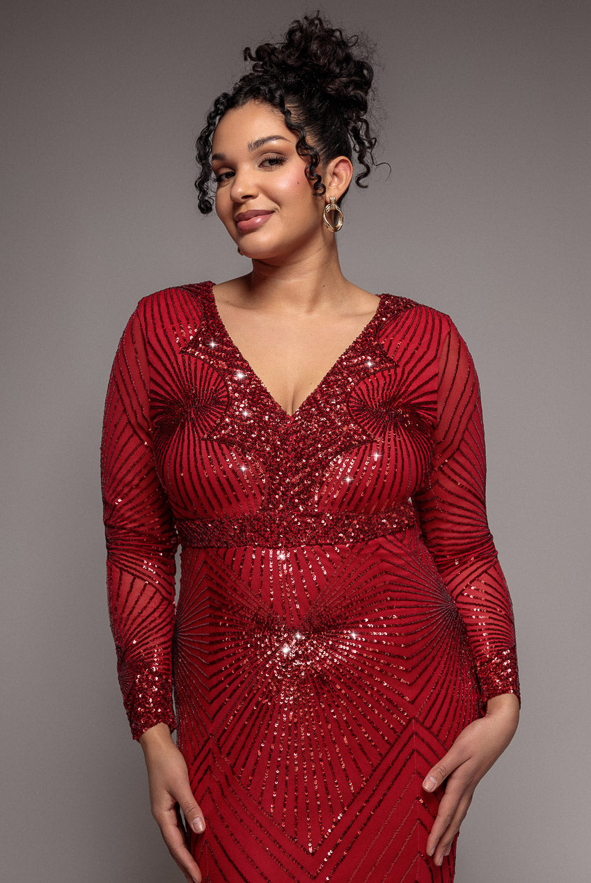 Goddiva Plus Starburst Sequin Maxi Dress - Red