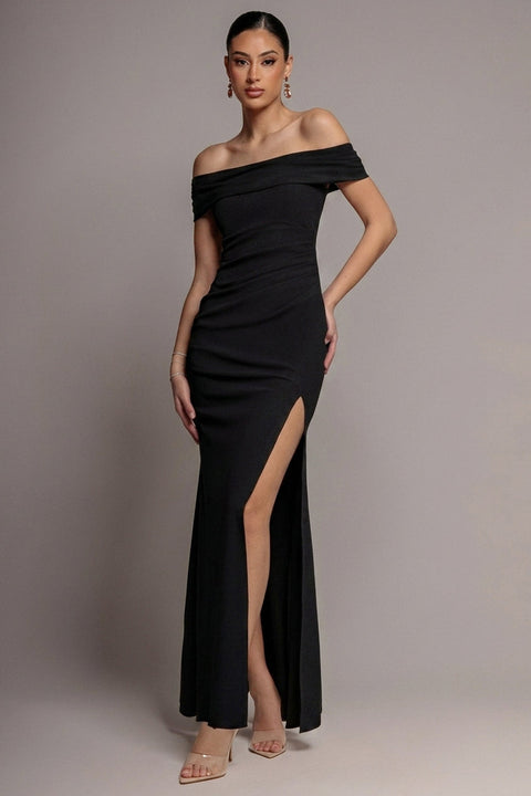 Goddiva Off The Shoulder Maxi Dress With Split - Black