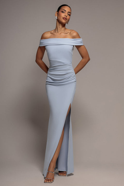 Goddiva Off The Shoulder Maxi Dress With Split - Light Blue