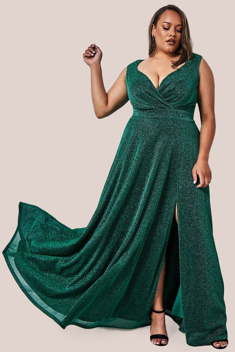 Goddiva Plus Crossover Lurex Glitter Maxi Dress - Emerald