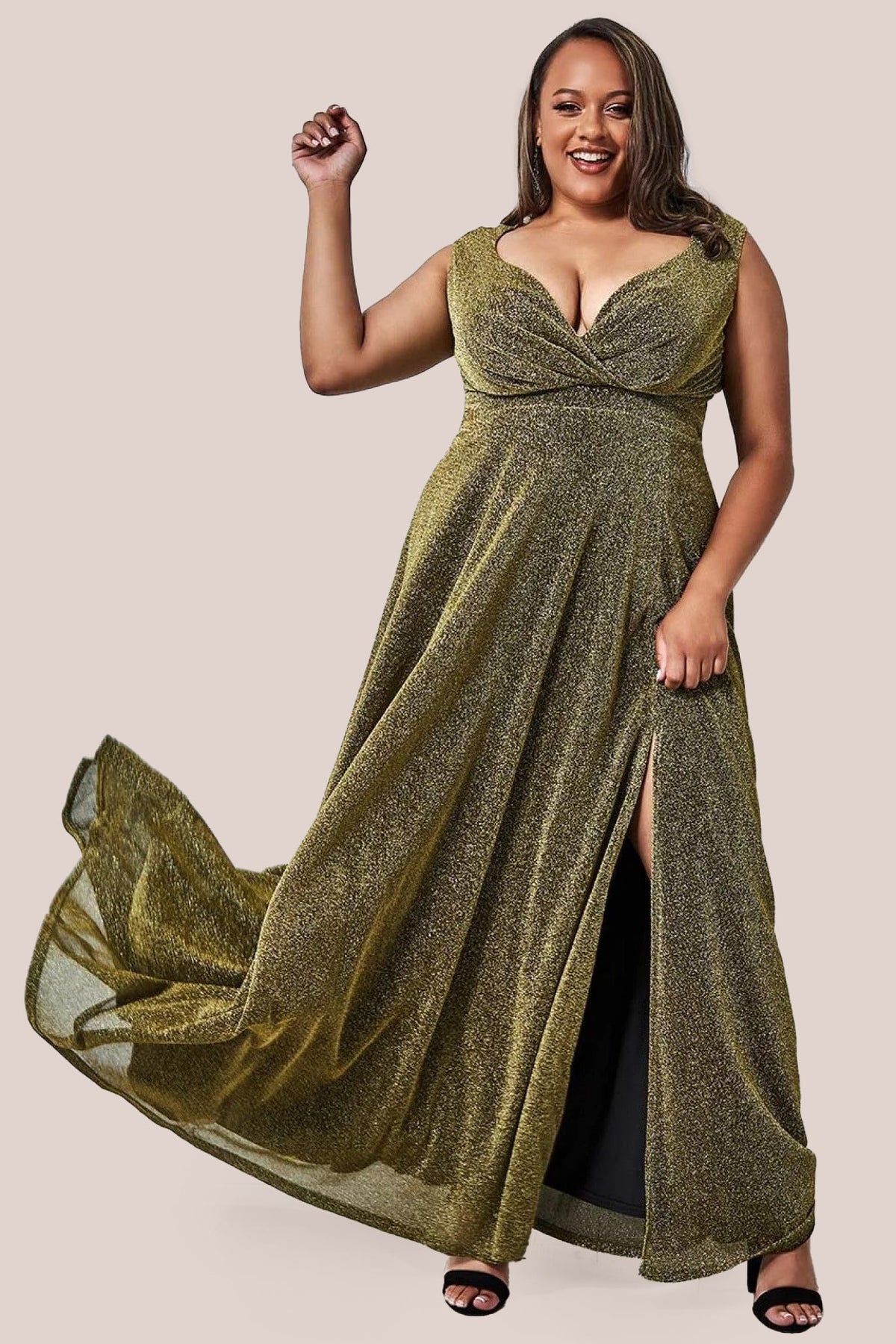 Goddiva Plus Crossover Lurex Glitter Maxi Dress - Gold