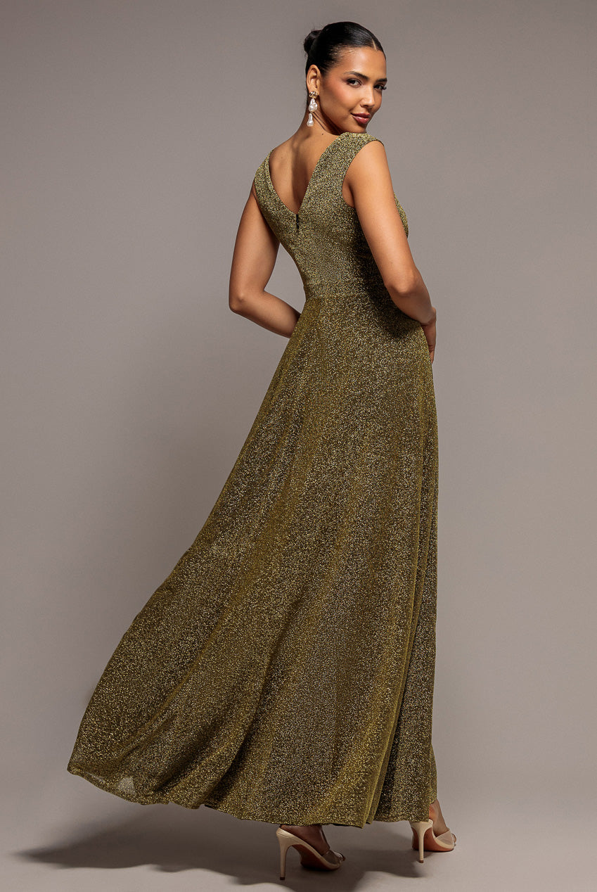 Goddiva Crossover Lurex Glitter Maxi Dress - Brown
